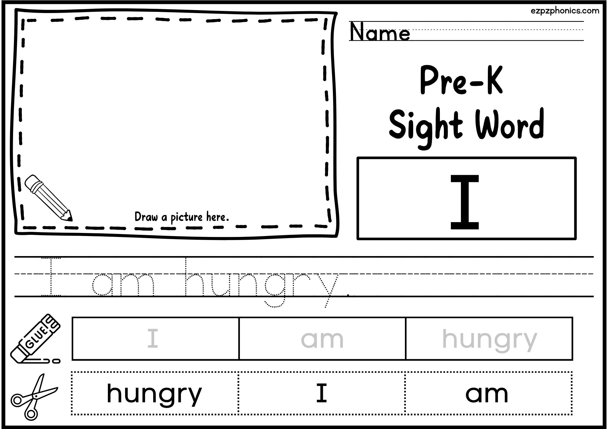 I Dolch Sight Word Activity. Draw, Color, Cut and Paste, and Word Tracing.